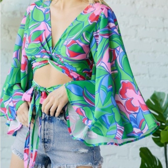 Floral Wrap Top with Bell Sleeves - Picture 2 of 14